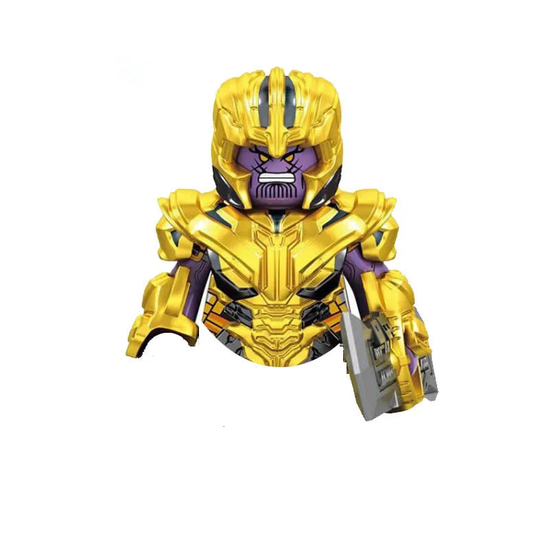 A collectible building block set depicting a menacing, golden-yellow horror movie icon with purple accents.
