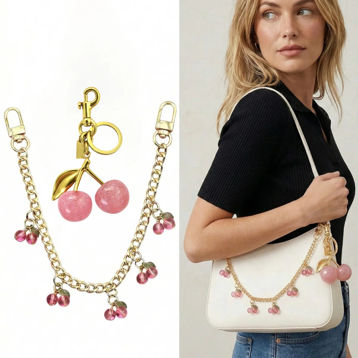 A woman models a white pouch with a gold chain featuring pink glass cherry charms.
