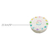 A stack of round cardboard cake boards decorated with colorful confetti and birthday text.