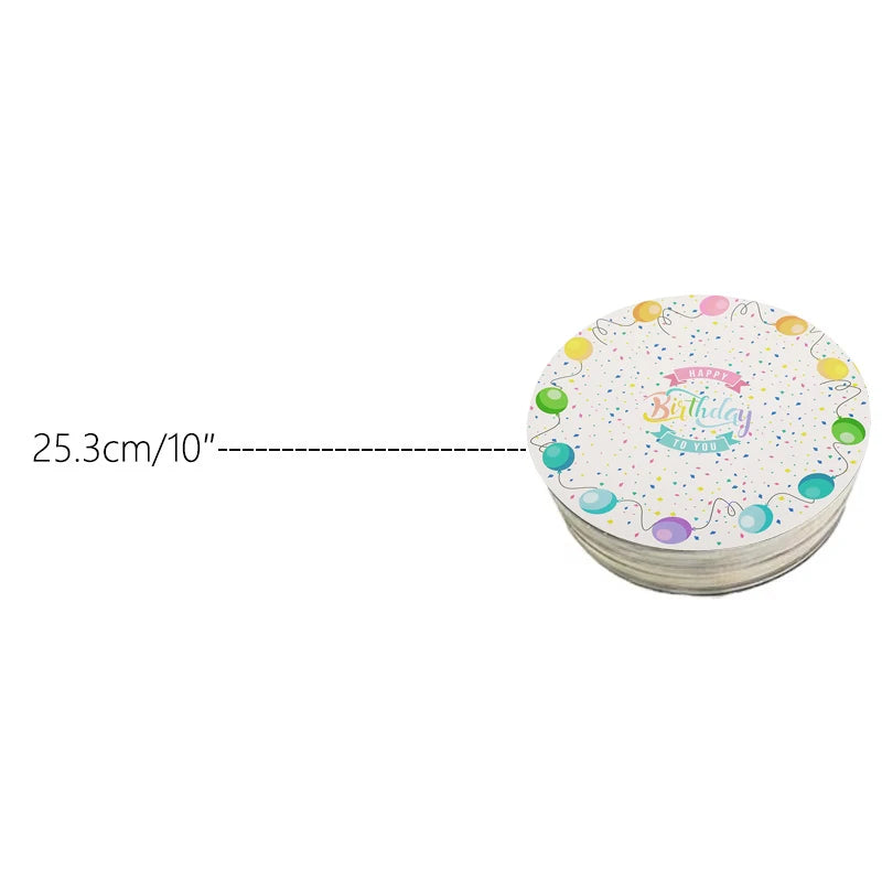 A stack of round cardboard cake boards decorated with colorful confetti and birthday text.
