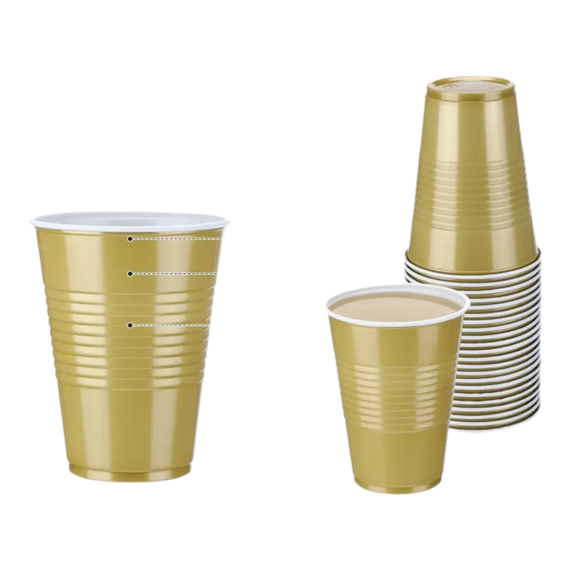 A stack of ten disposable party cups in a gold and white striped pattern.