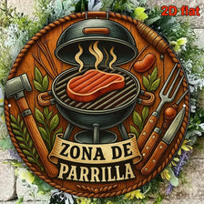 Vintage BBQ metal sign with a grill design and text Zona de Parrilla