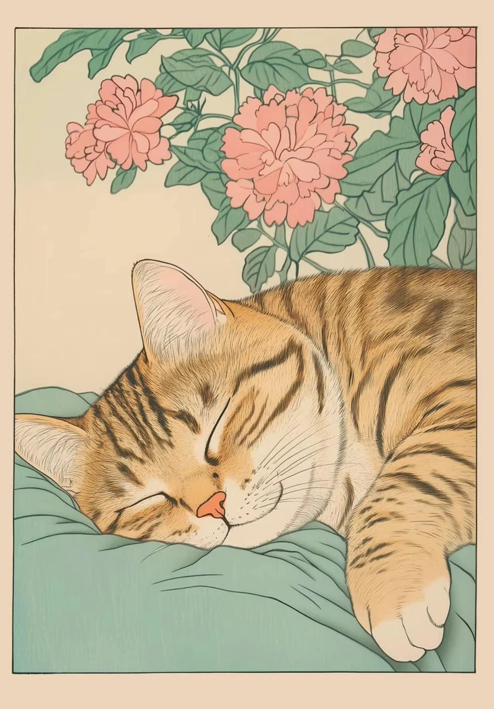 A sleepy orange tabby cat is curled up on a teal surface surrounded by pink and green floral elements.