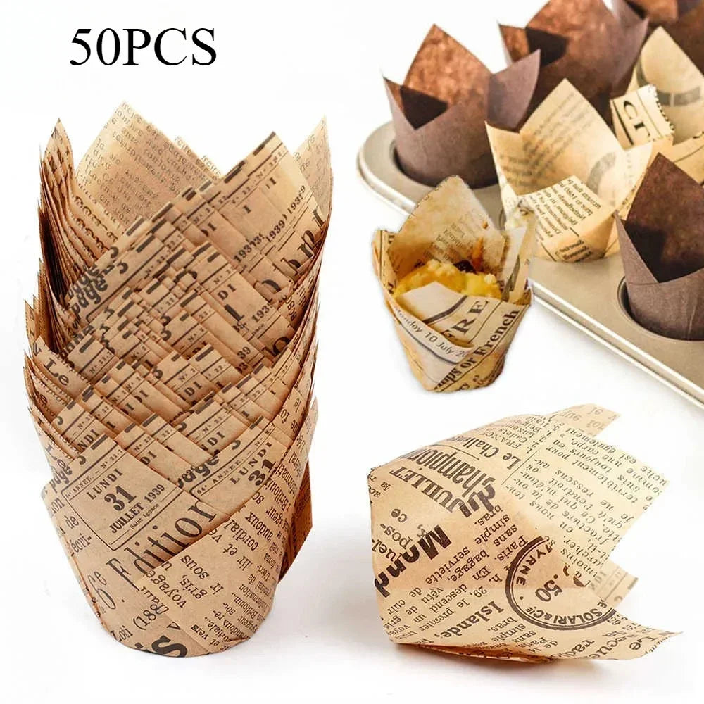 A stack of 50 newspaper style cupcake liners made from brown and beige paper.