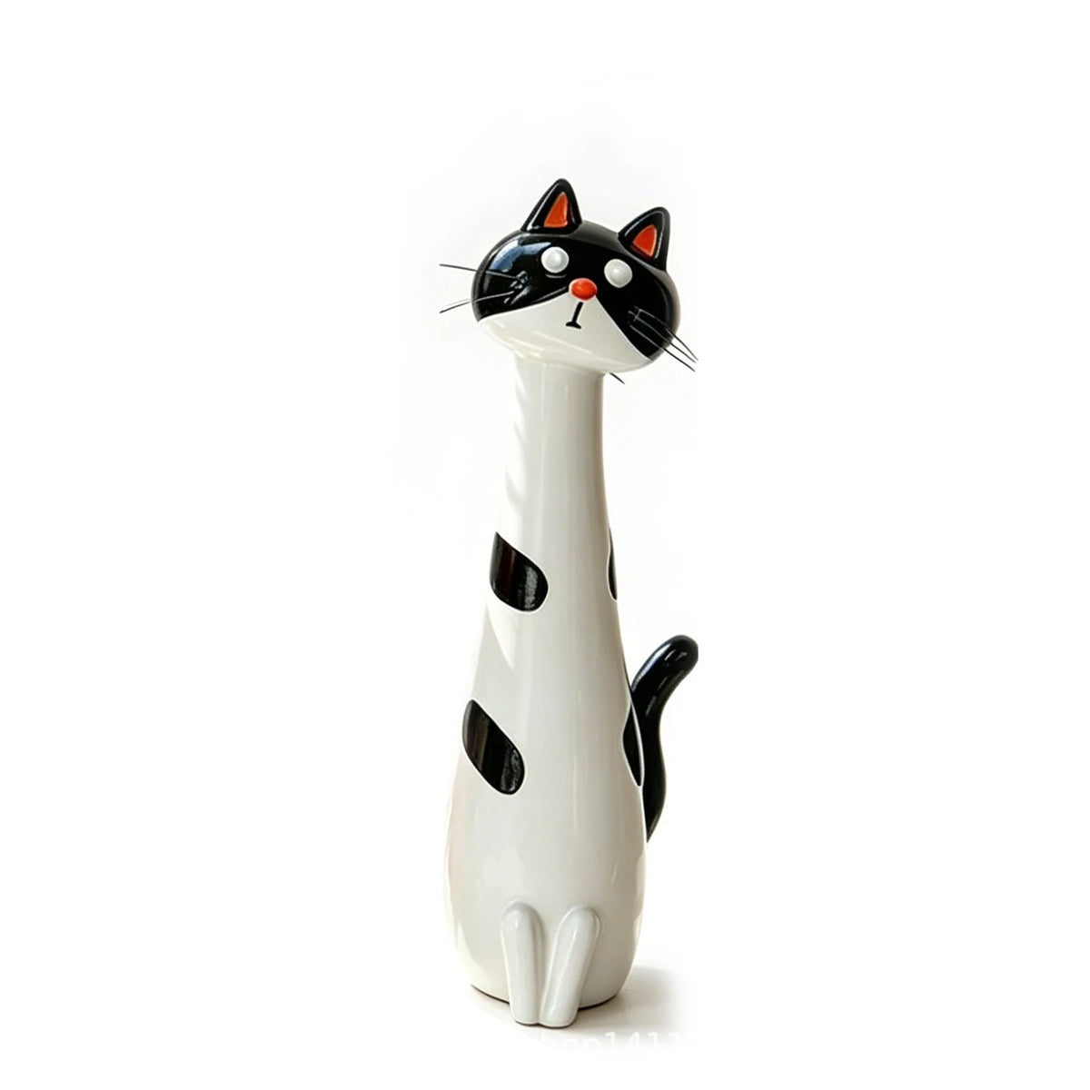 A white and black cat-shaped resin vase for dried flowers.