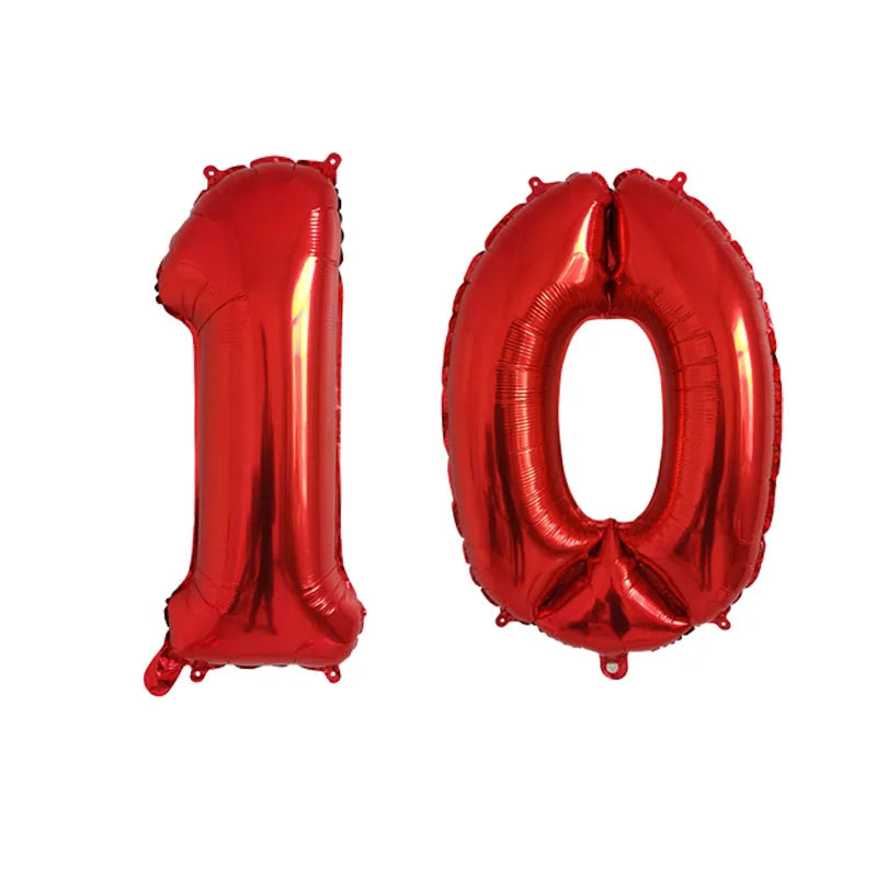 Two shiny red foil number balloons forming the number 10 for birthday party decor