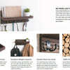 A dark wooden shelf with a hanging key organizer and a double metal key hook.