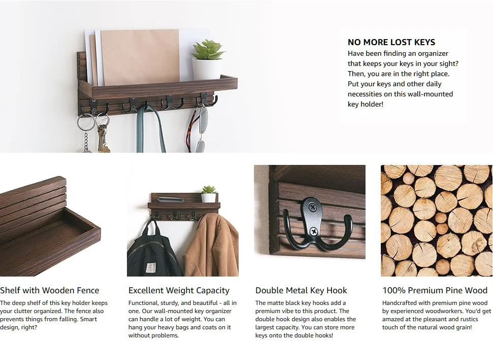 A dark wooden shelf with a hanging key organizer and a double metal key hook.