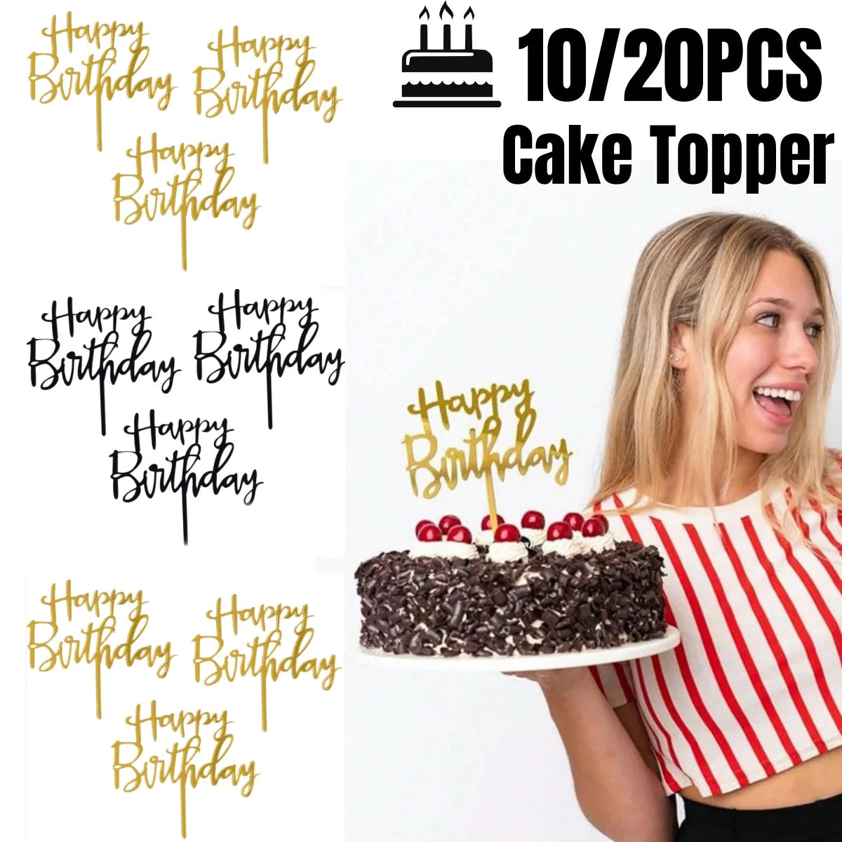 Gold and black acrylic letters spelling Happy Birthday cake toppers displayed on a cake.