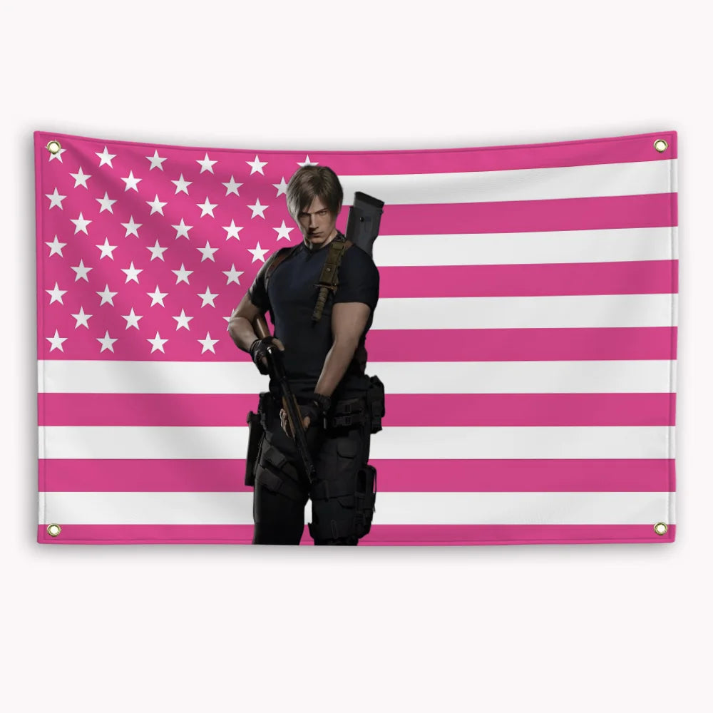 A banner featuring a pink and white striped flag design with a male figure standing in the center.