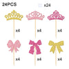 A set of 24 sparkly pink and gold elegant crown and bow cupcake toppers on wooden sticks.