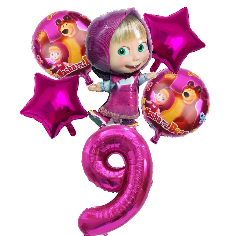 A set of six pink and gold foil balloons featuring characters from Masha and the Bear