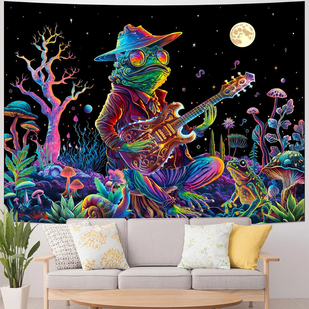 A vibrant tapestry featuring a psychedelic alien figure playing a guitar against a dark, starry background.