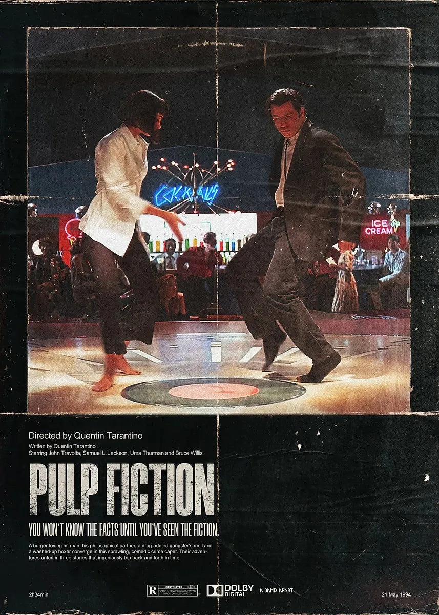 Poster for the movie Pulp Fiction directed by Quentin Tarantino featuring actors John Travolta and Bruce Willis