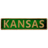 A rectangular wooden sign with green background and gold lettering spelling out KANSAS.