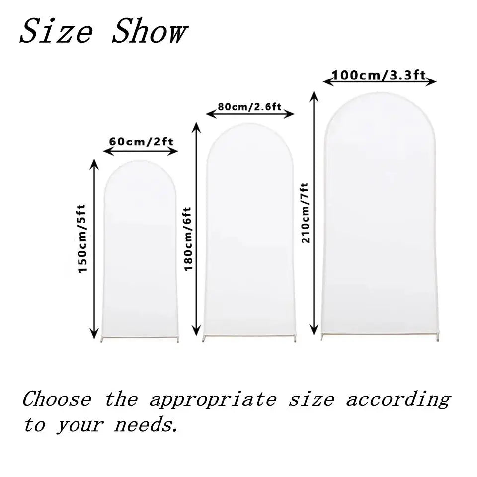 A size show chart displaying various sizes of an elastic arch backdrop cover in centimeters and feet.