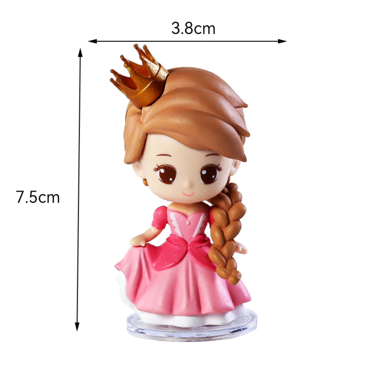 A figurine of a princess with brown hair, a gold crown, and a pink dress, standing on a clear base.