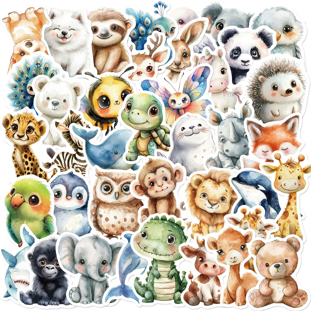 A collection of 50 assorted animal stickers featuring cute and adorable characters like pandas, tigers, elephants, and variou