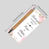 A wooden pen with a card featuring pink floral designs and personalized text is shown on a light background.