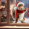 A fluffy brown squirrel wearing a red Santa hat and scarf peeks out of a window decorated with snow and greenery.
