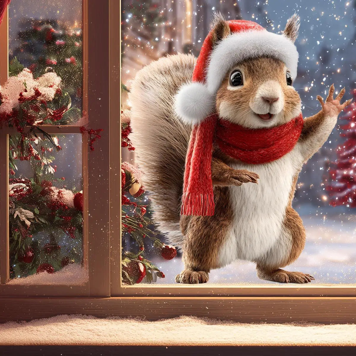 A fluffy brown squirrel wearing a red Santa hat and scarf peeks out of a window decorated with snow and greenery.
