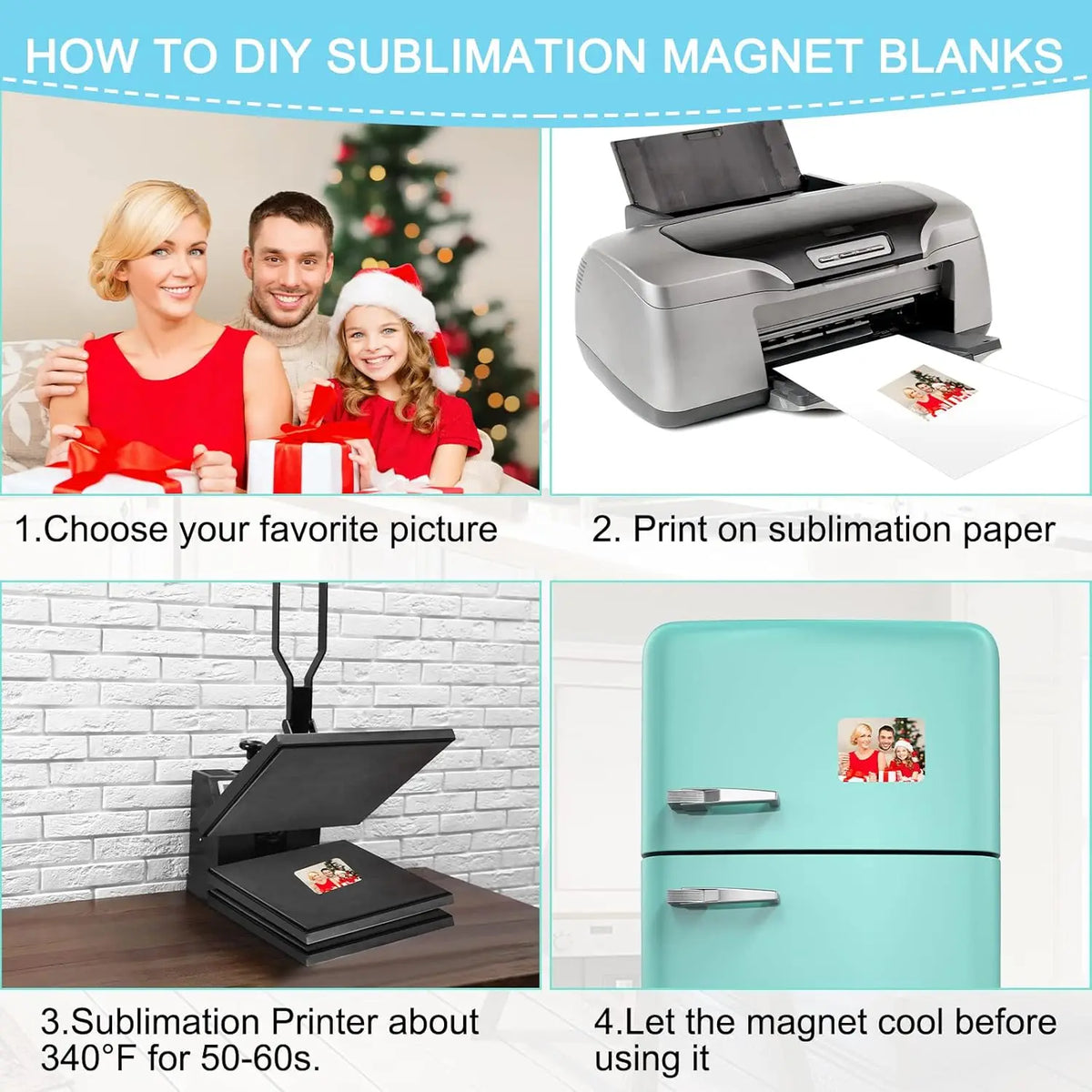 Instructions showing how to make sublimation magnet blanks for fridge personalization