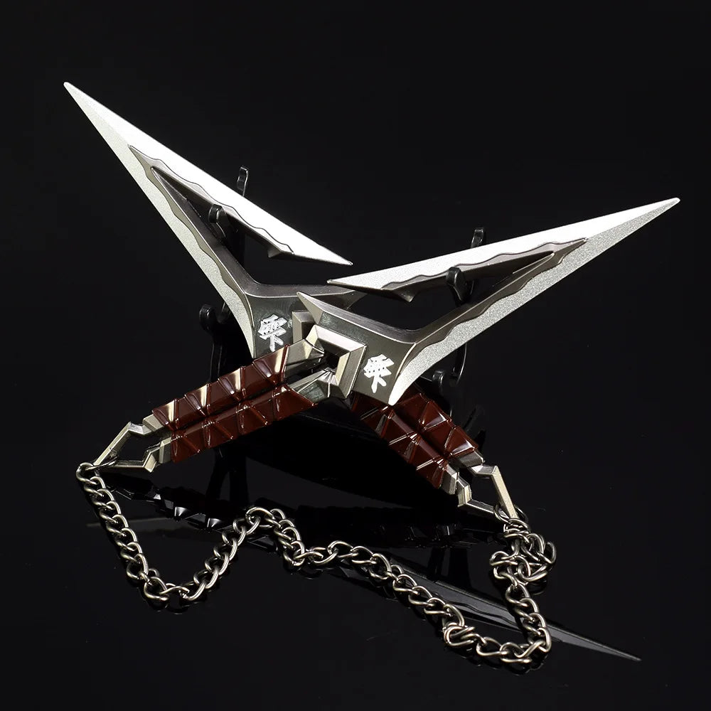 A full-size replica katana prop with a stylized, angular blade and a decorative hilt, displayed on a dark surface.