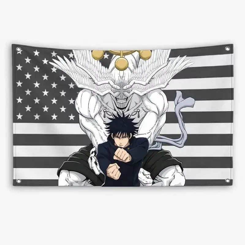Anime style wall art tapestry featuring a fierce white winged creature above a dark-haired character against a black and whit