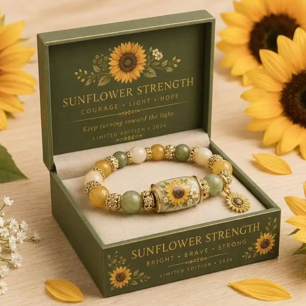 A gold and green stretch charm bracelet displayed in a natural green box with sunflower designs.