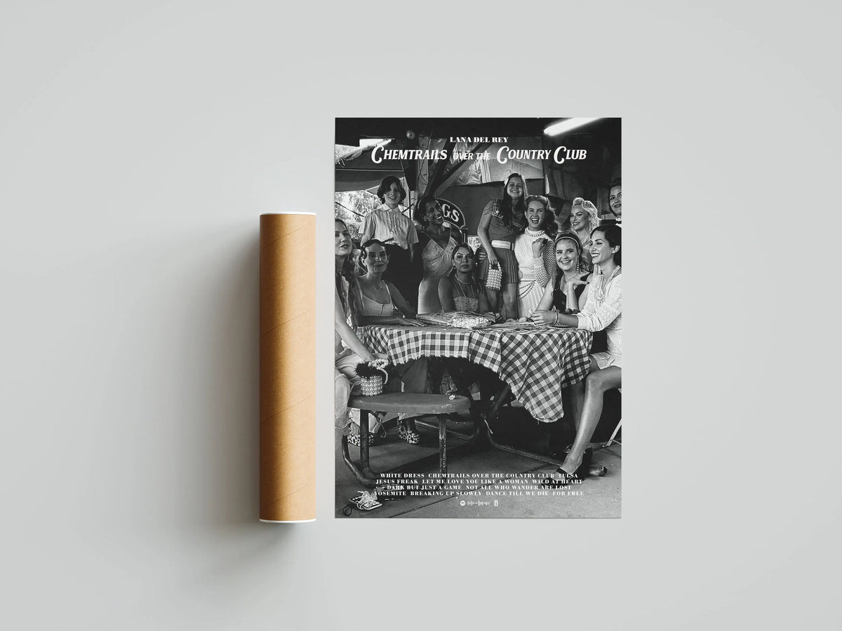A poster featuring a group of women gathered around a table, titled Chemtrails like the Country Club.