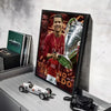 A framed canvas art poster featuring a portrait of Ronaldo in a red shirt and a silver trophy.