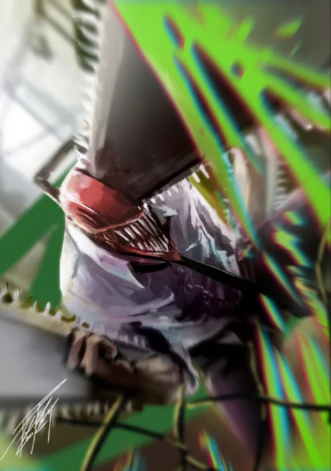 A close-up of a chainsaw blade and handle, featuring vibrant green and rainbow light effects on a canvas wall art poster.