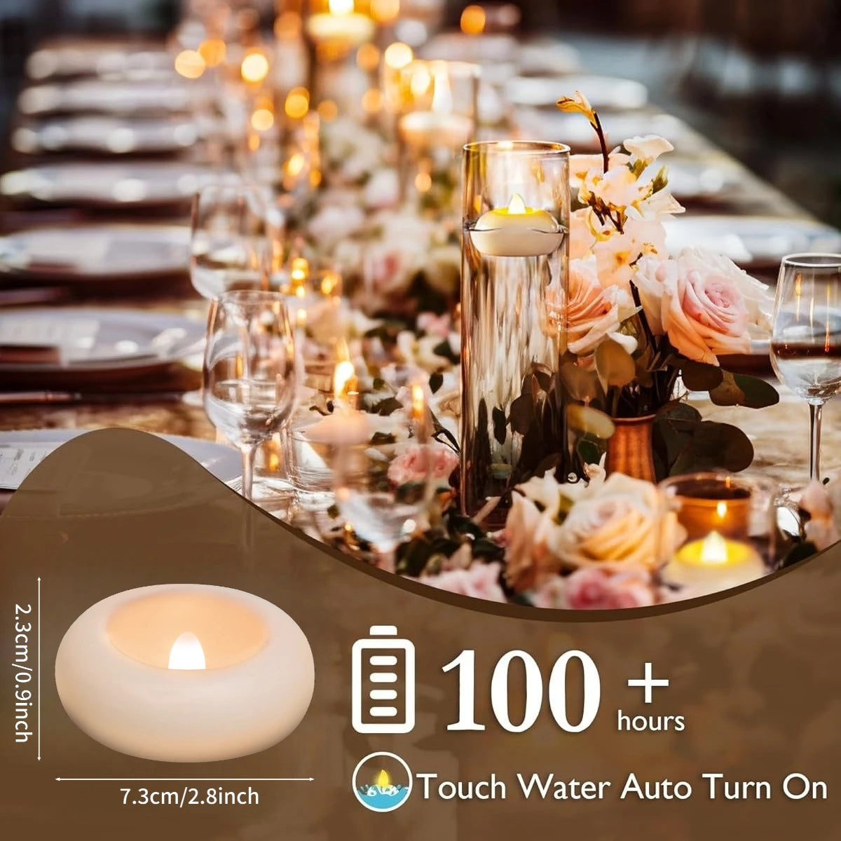 A close-up of a glass candle holder with a floating LED candle and a rose arrangement on a dining table.