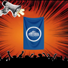 A blue flag featuring a white mountain logo for Polaris Adventures is displayed against an orange background with radiating l