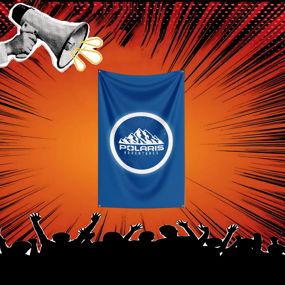 A blue flag featuring a white mountain logo for Polaris Adventures is displayed against an orange background with radiating l