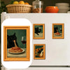 Vintage style wooden fridge magnets featuring playful black cat art with food and drink scenes