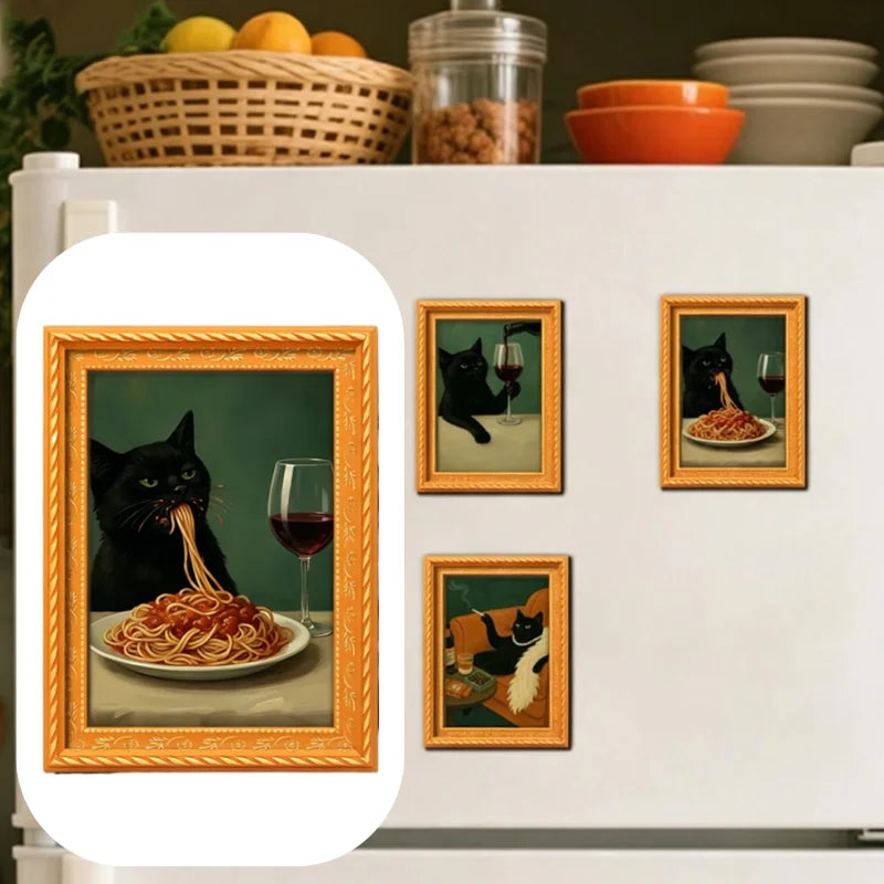 Vintage style wooden fridge magnets featuring playful black cat art with food and drink scenes