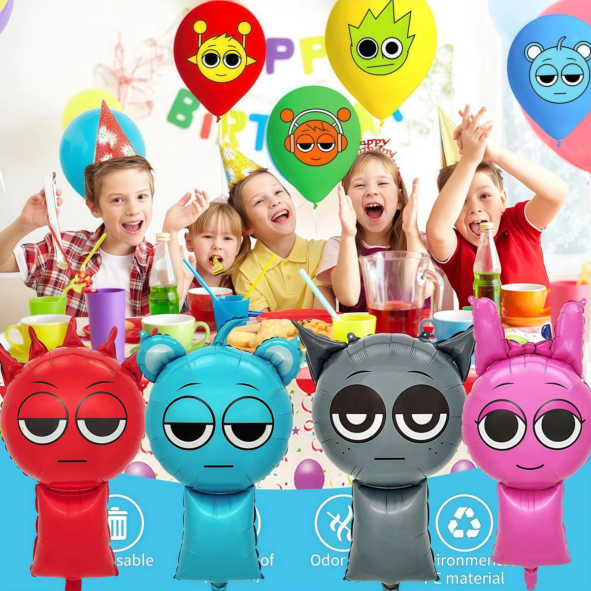A set of colorful, squishy balloon-shaped toys featuring various animal designs for a party.