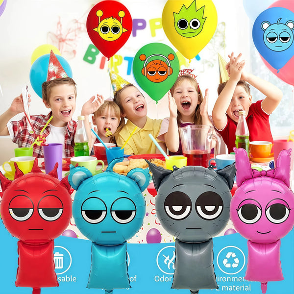 A set of colorful, squishy balloon-shaped toys featuring various animal designs for a party.