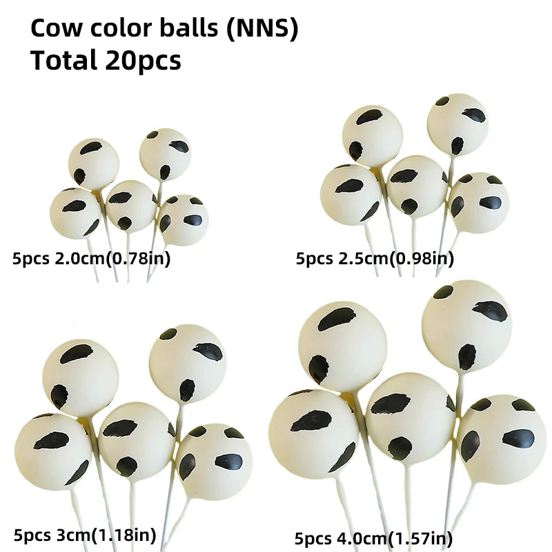 A set of 20 cow color balls for cake toppers, including various sizes and styles.
