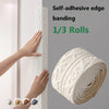 Rolls of self-adhesive white PE foam edge banding trim being applied to a door frame.