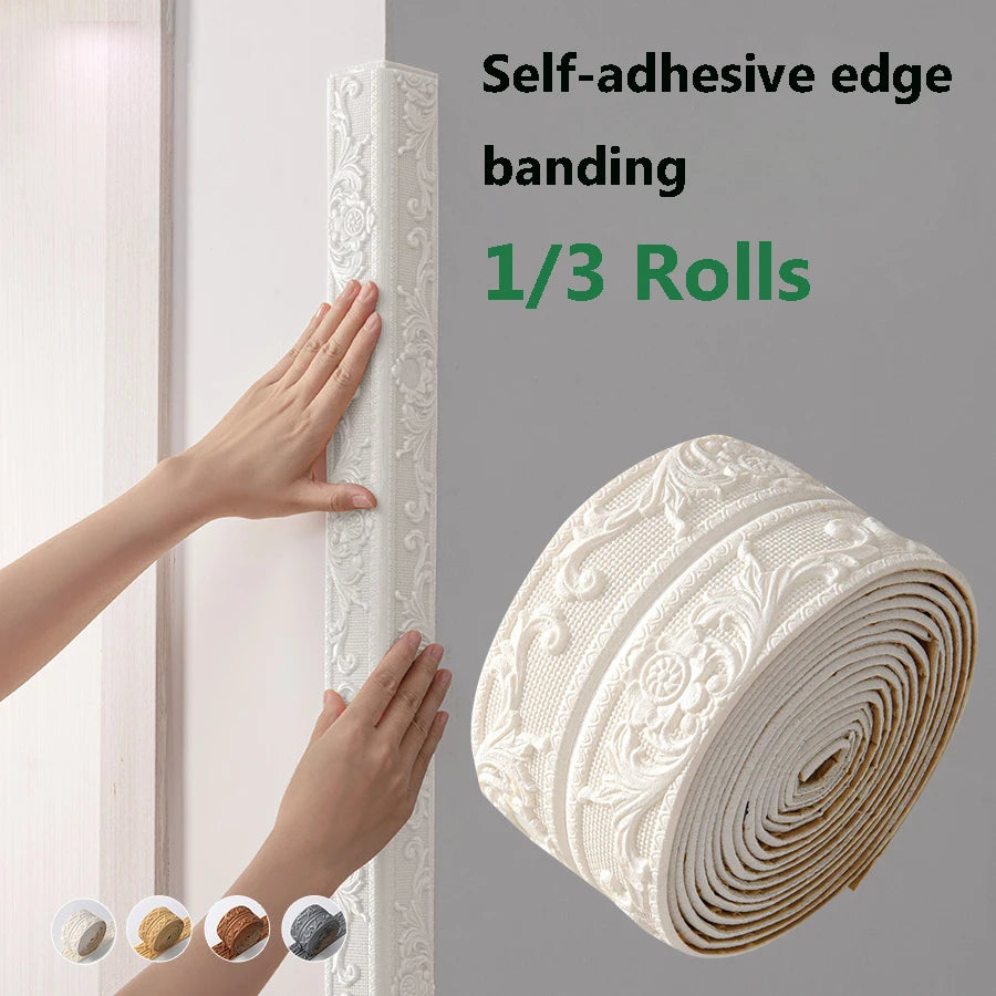 Rolls of self-adhesive white PE foam edge banding trim being applied to a door frame.