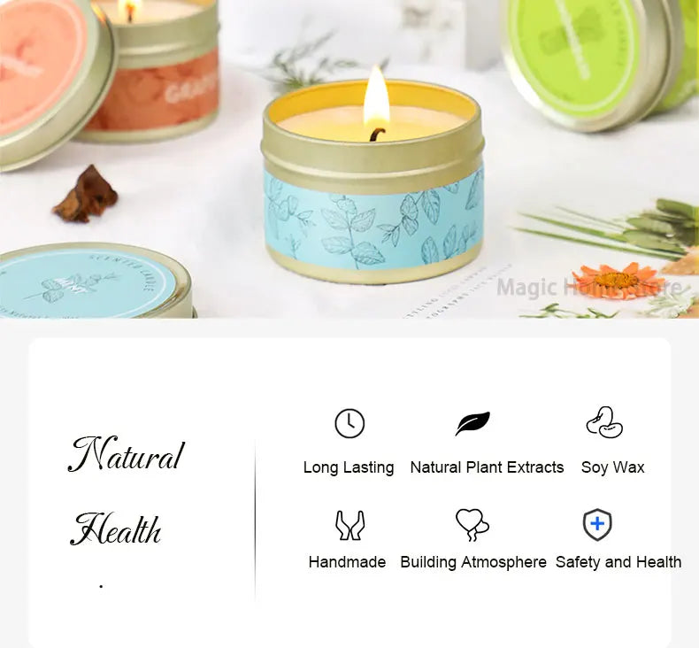 A yellow candle in a light blue tin sits on a white surface next to other candles and natural ingredients.
