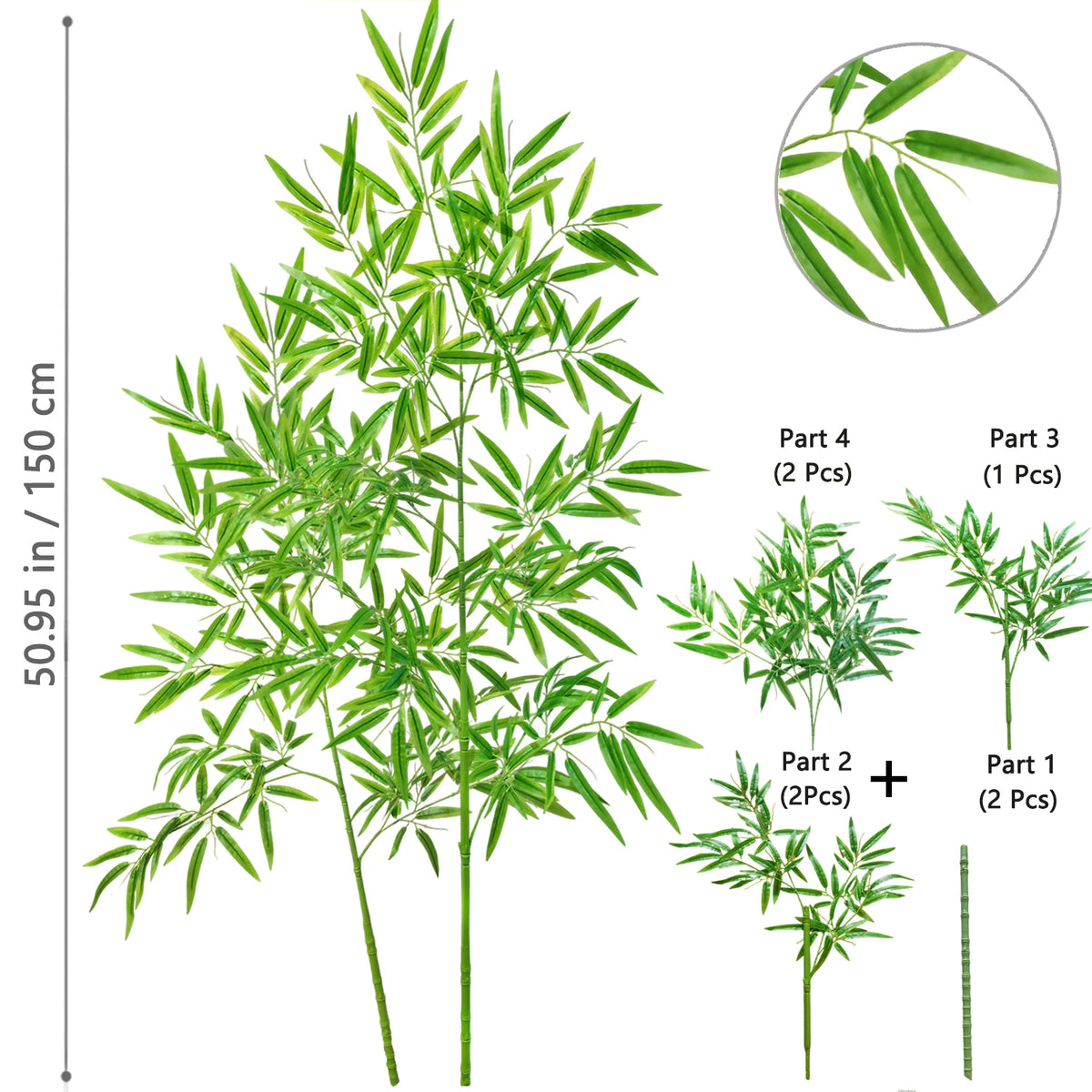 Illustration of an artificial bamboo branch with green leaves showing different parts and a magnified leaf detail.