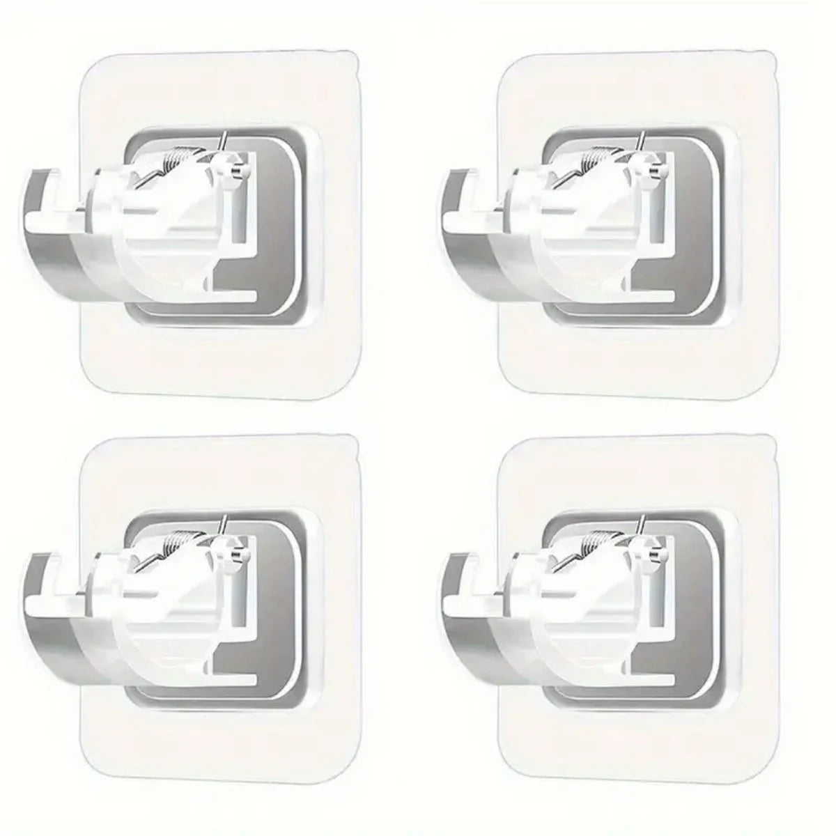 Four views of self-adhesive curtain rod holders designed for no-drill installation.