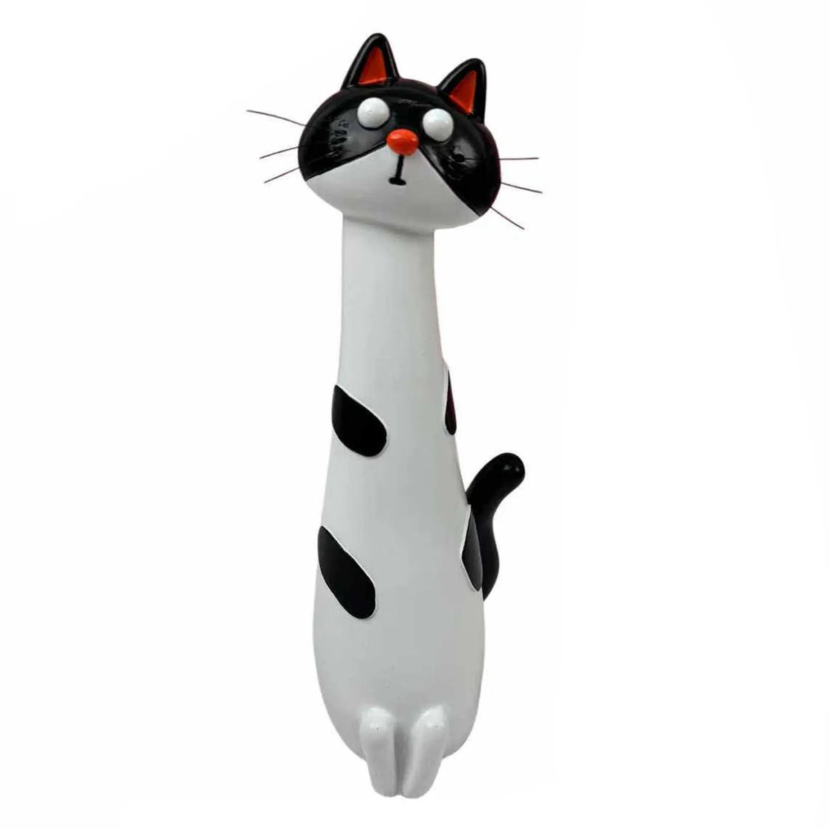 A white and black resin cat flower vase with large eyes and whiskers.