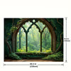 A large arched window frame with intricate tracery set in a lush green forest backdrop.