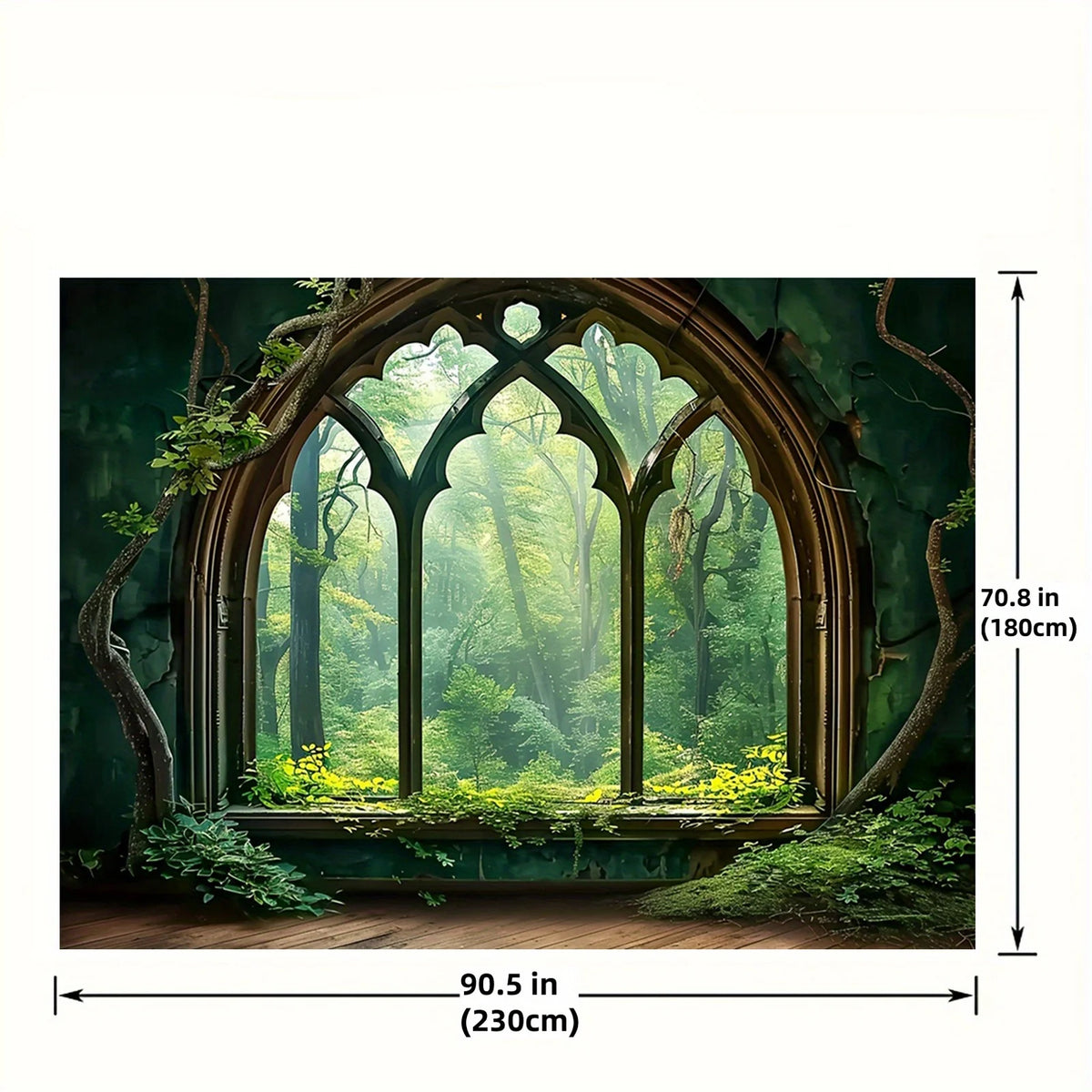 A large arched window frame with intricate tracery set in a lush green forest backdrop.