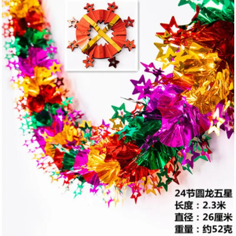 A colorful tinsel garland ribbon featuring red, green, purple, and gold shreds for holiday decoration.