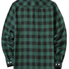 Dark green plaid flannel shirt with long sleeves and button-up collar.